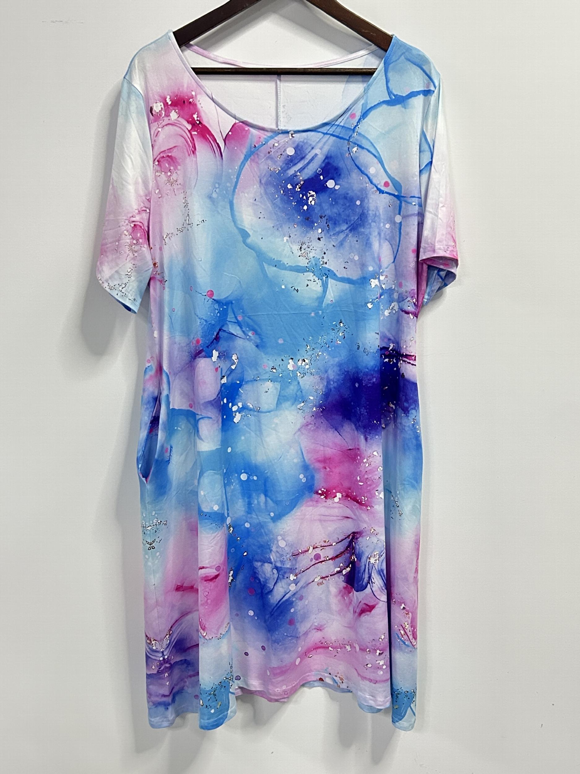  Painting Print Short Sleeve Dress with Pockets