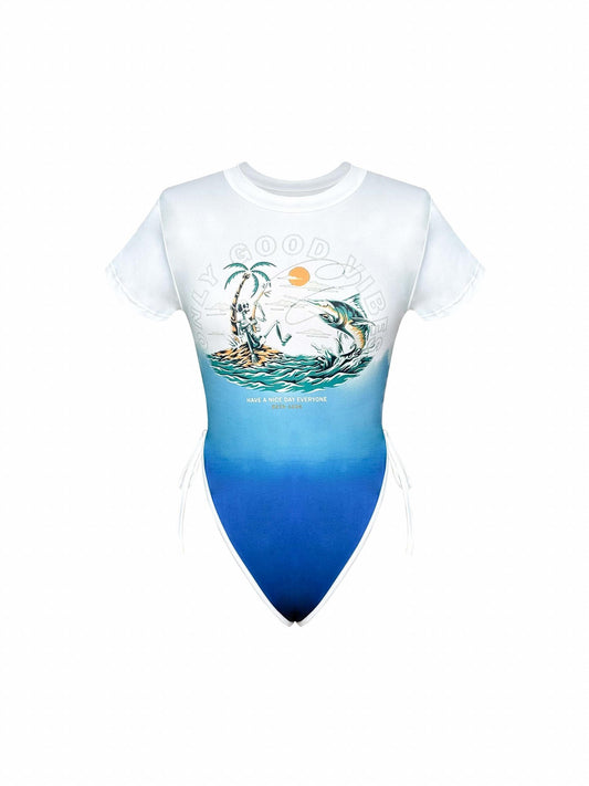 Y2K Graphic Print Crew Neck Bodysuit Short Sleeve Slim