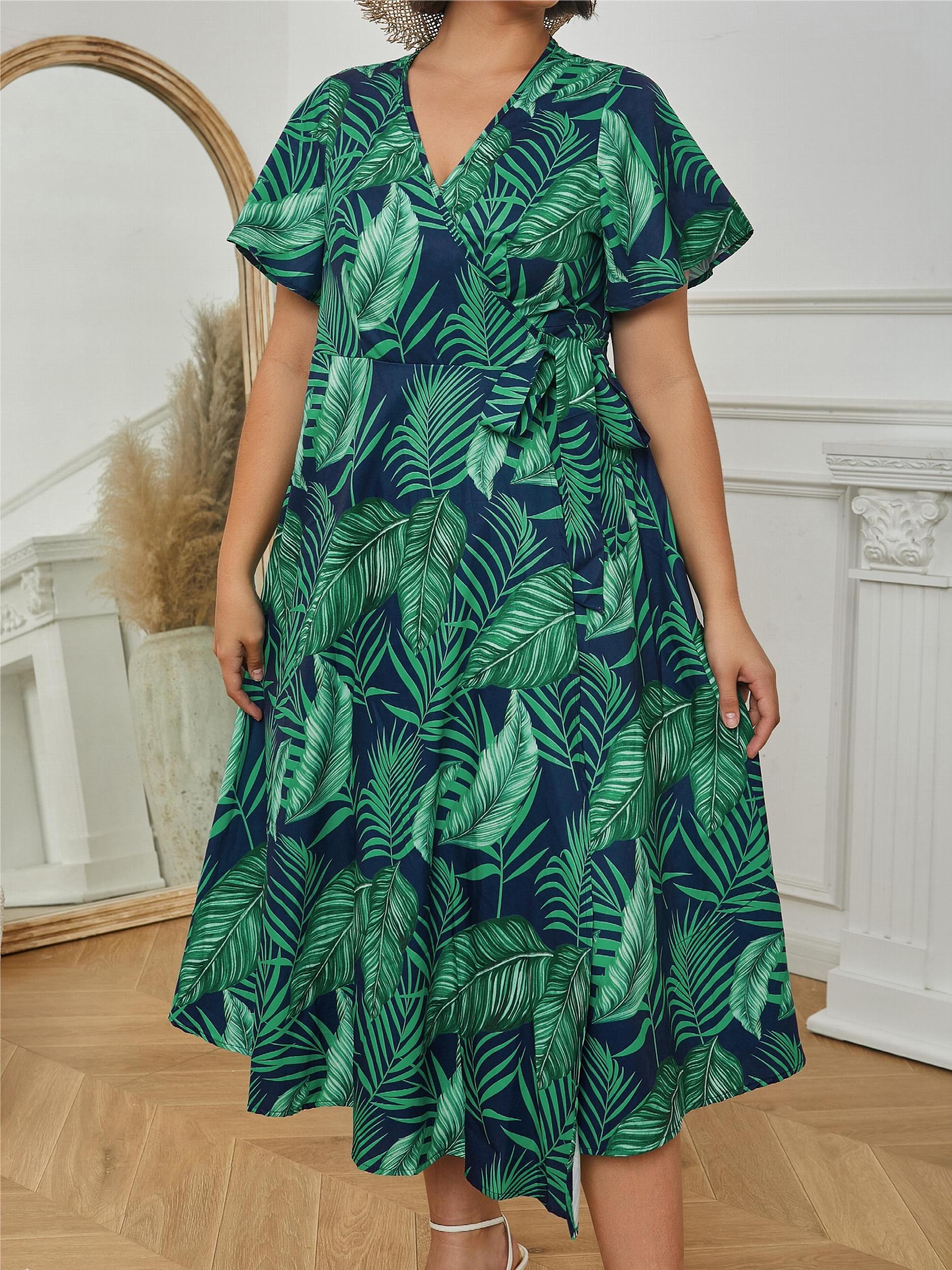  Tropical Print Flutter Sleeve Surplice Neck Dress