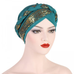 Sequin Pre-tied Turban Cap Crossed Head Wrap Bonnet Solid Beanie Chemo Hats