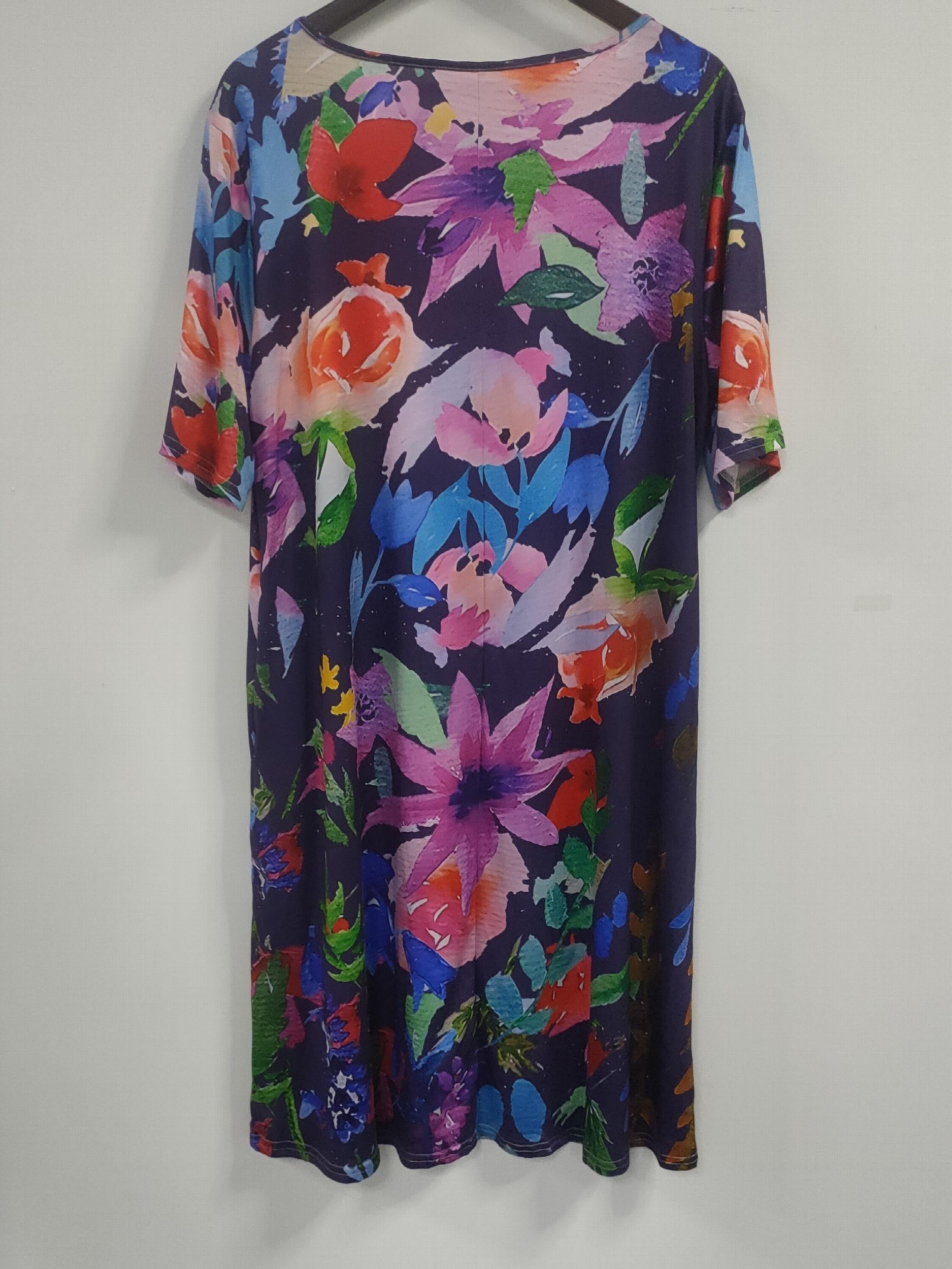  Floral Print Short Sleeve Tee Dress With Pockets