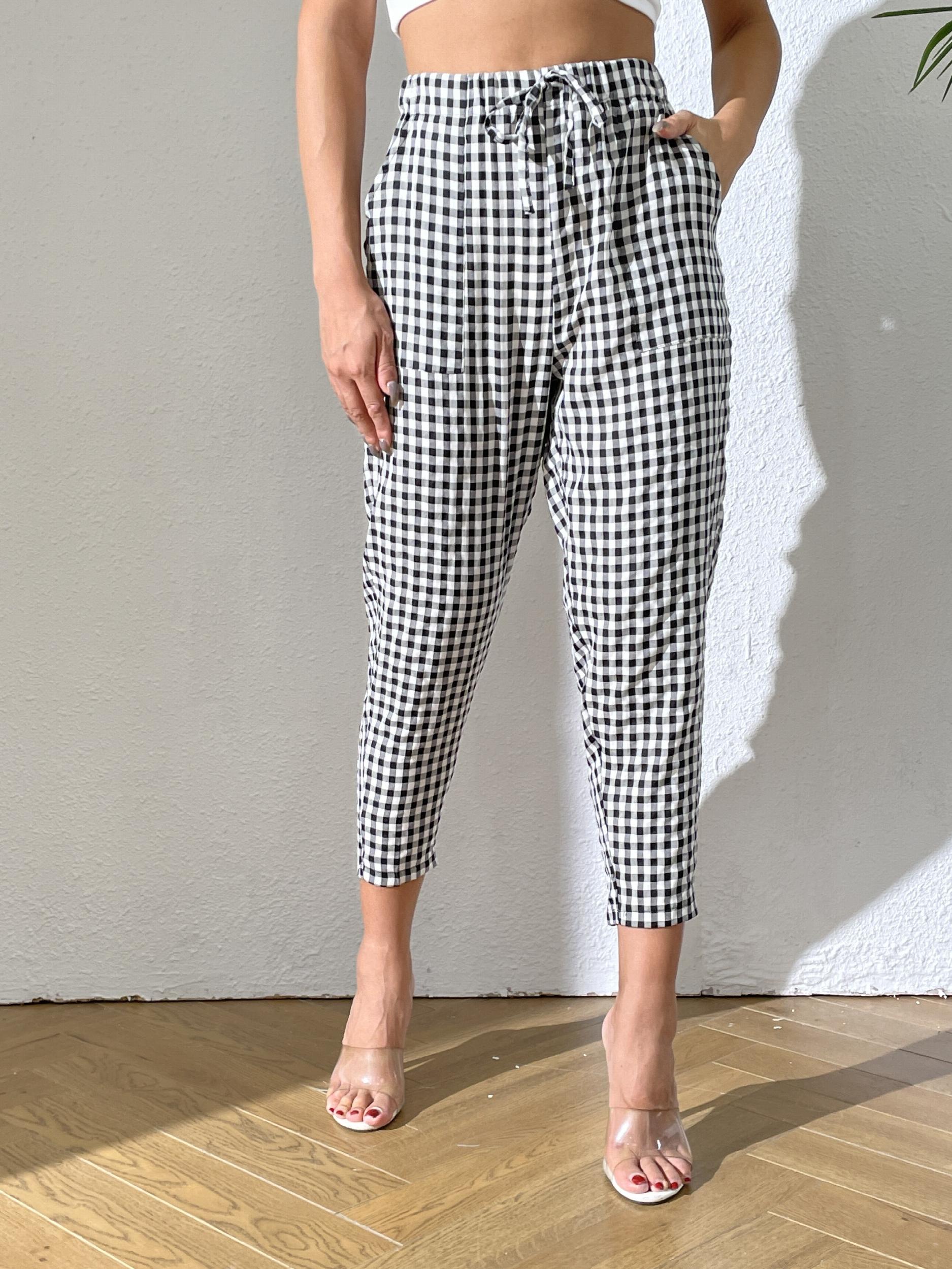  Gingham Drawstring Pants With Pockets