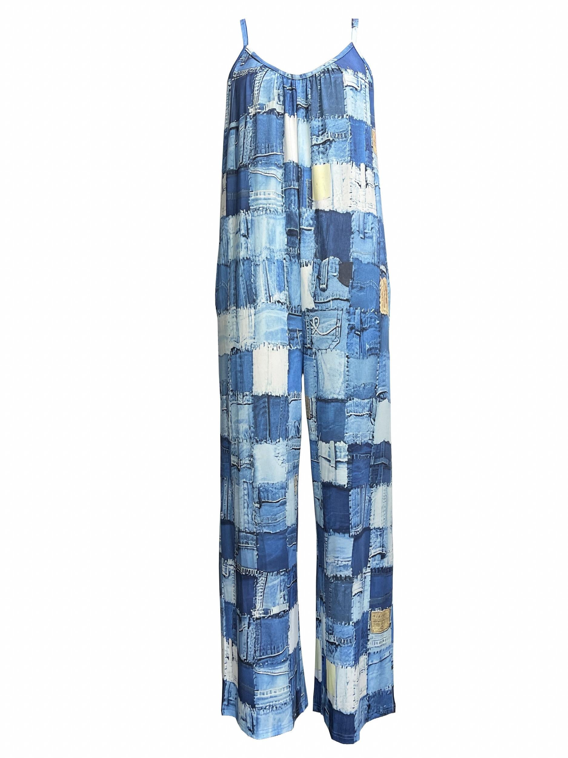  Denim Print Wide Leg Jumpsuit With Pockets