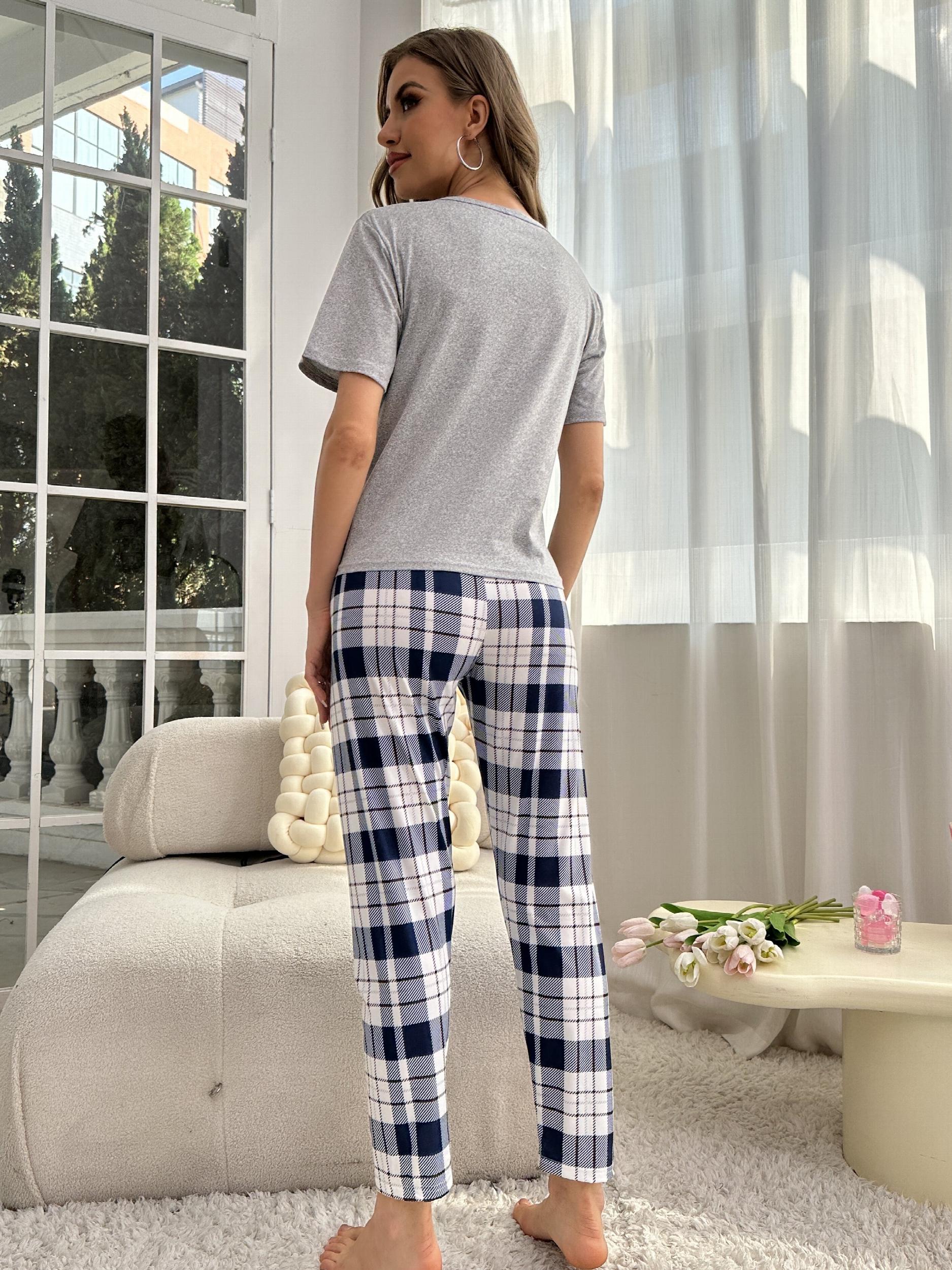Pattern Pajama Set Short Sleeve Top & Check Print Long Pants Women's Loungewear