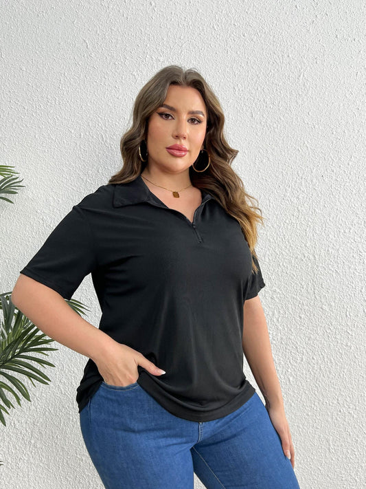  Solid Ribbed Half Zipper Short Sleeve Blouse