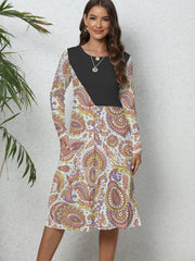  Boho Paisley Print Long Sleeve Stretch Dress