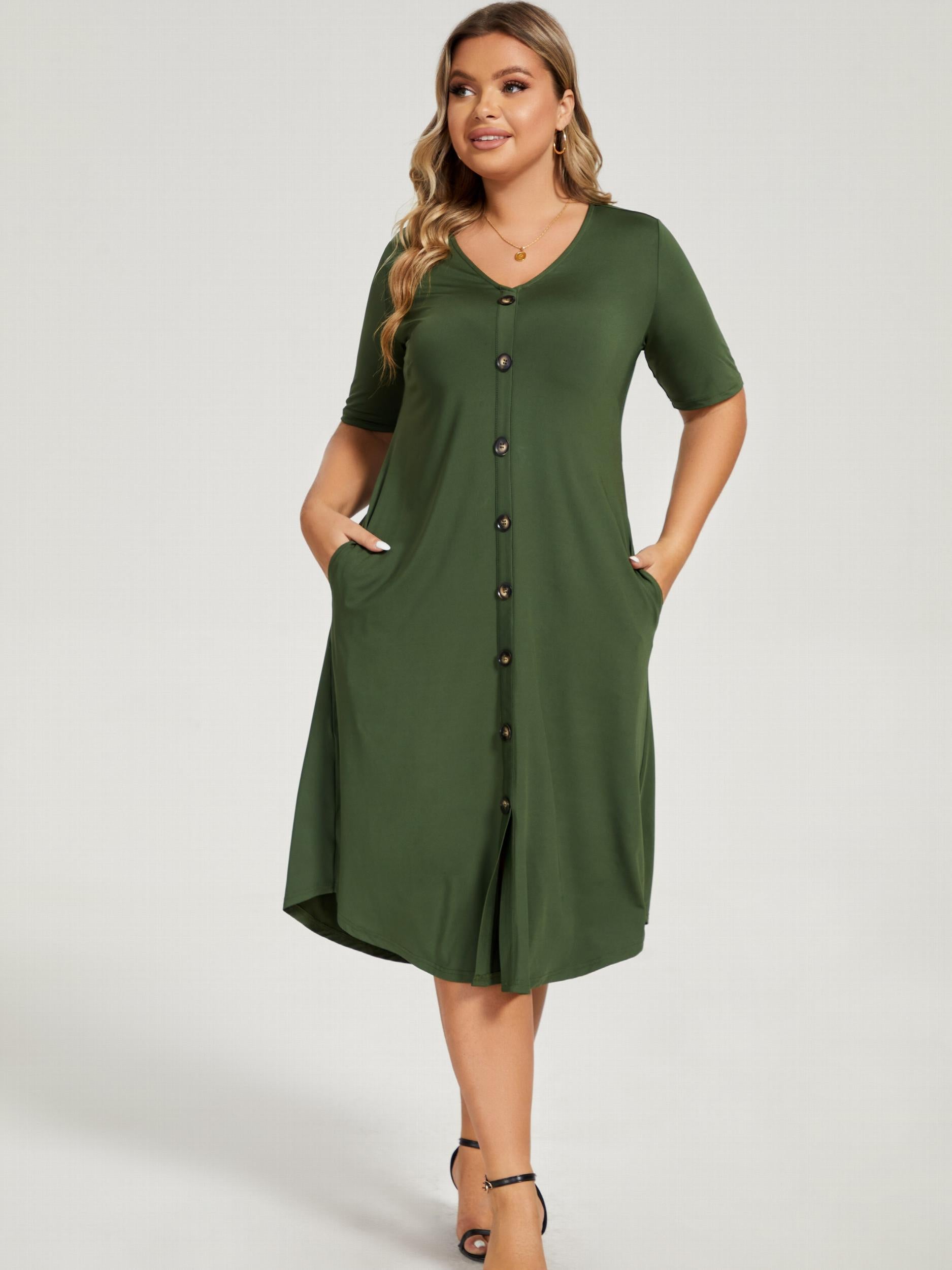  Button Up V Neck Maxi Dress With Pockets