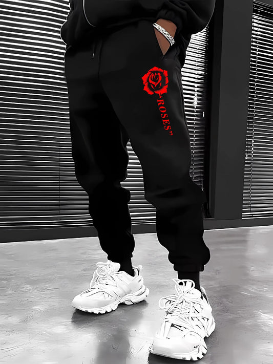 Rose Pattern Joggers Men's Casual Loose Fit Drawstring Pants