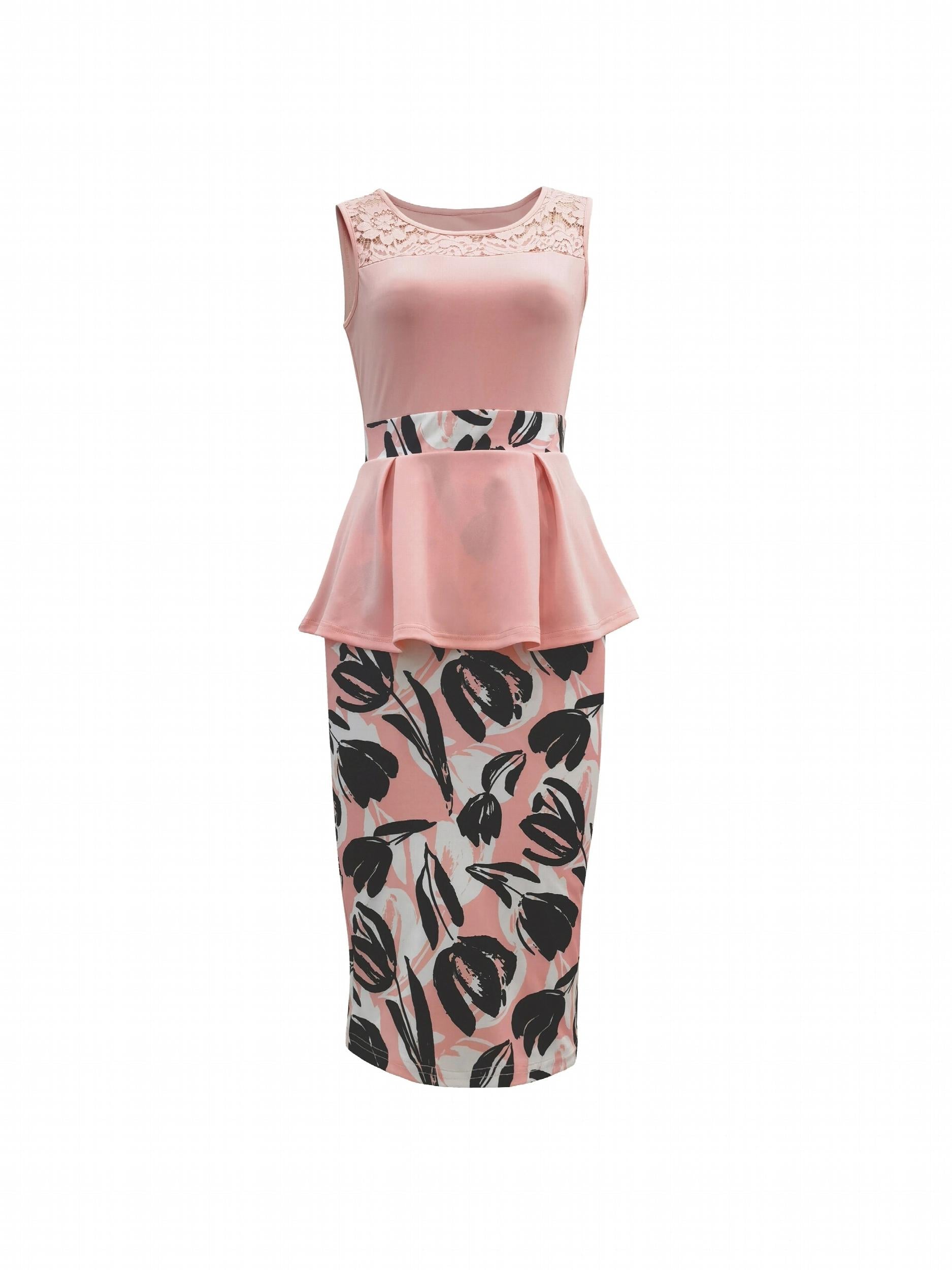 Bodycon 2pc Set Lace Sleeveless Tops & Abstract Print Skirts