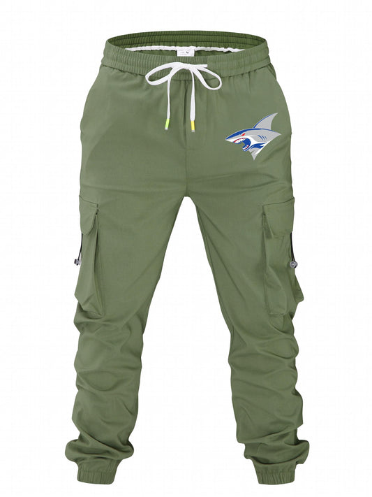 Mens Cartoon Shark Print Cargo Pants Loose Fit Drawstring Joggers