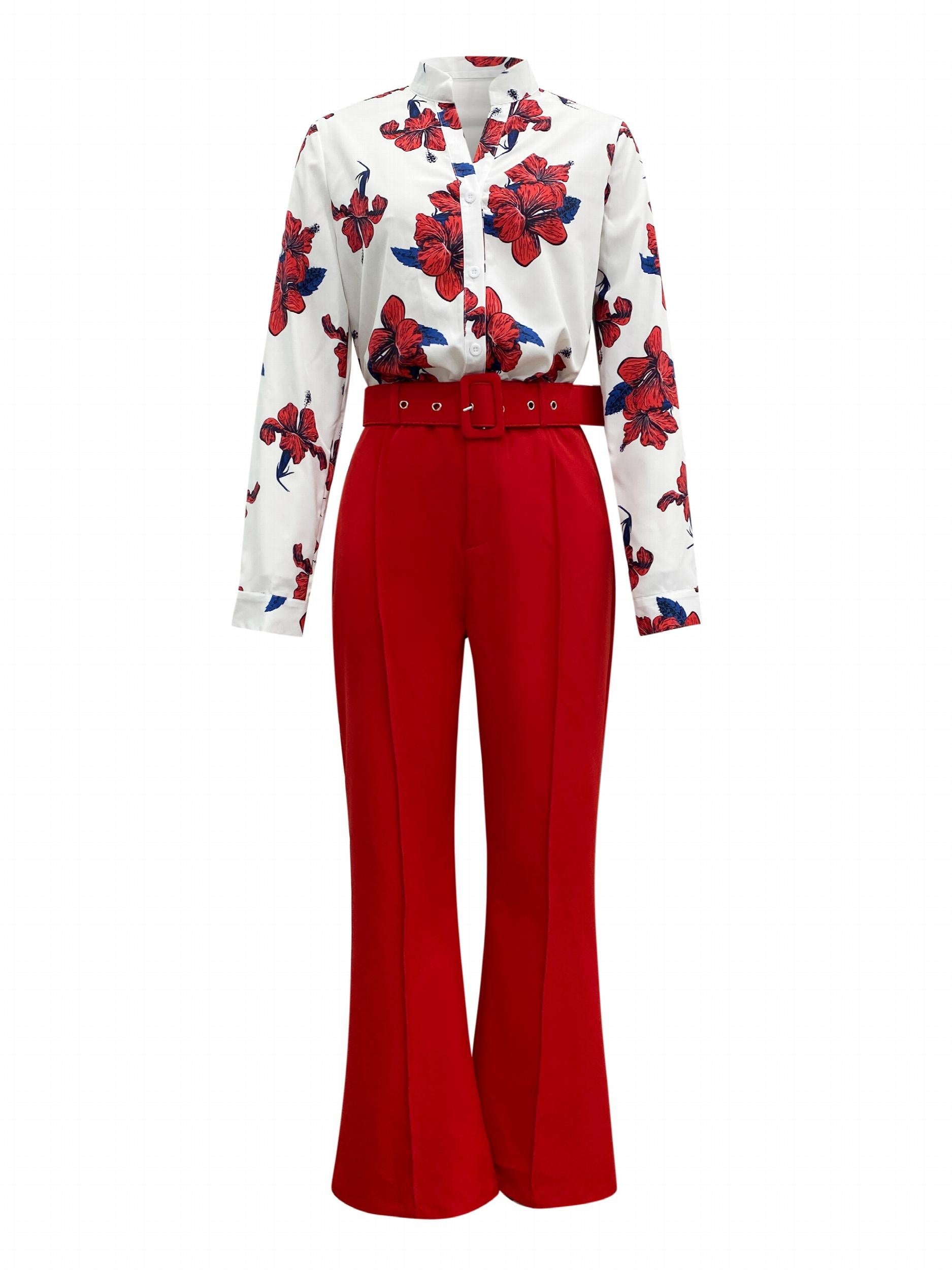 Floral Print Blouse & Wide Leg Pants Set Women's Casual Comfy Outfit