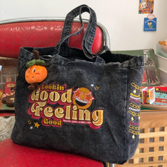 Vintage Denim Embroidery Casual Tote Bag Large Capacity Shopping Handbag