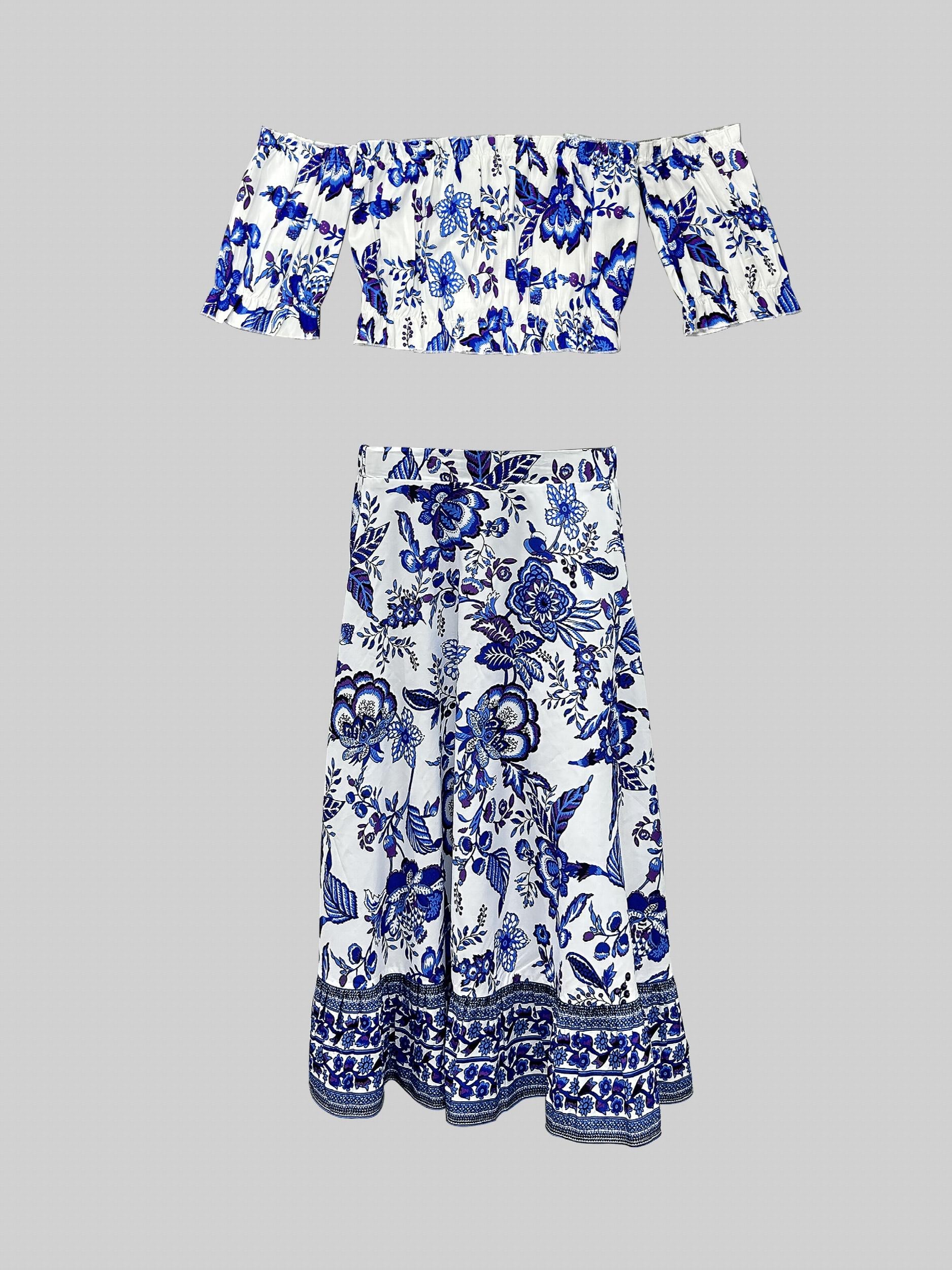  Floral Print Bubble Sleeve Off Shoulder Crop Top & Skirt Set