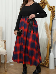  Colorblock Plaid Print Long Sleeve Round Neck Dress