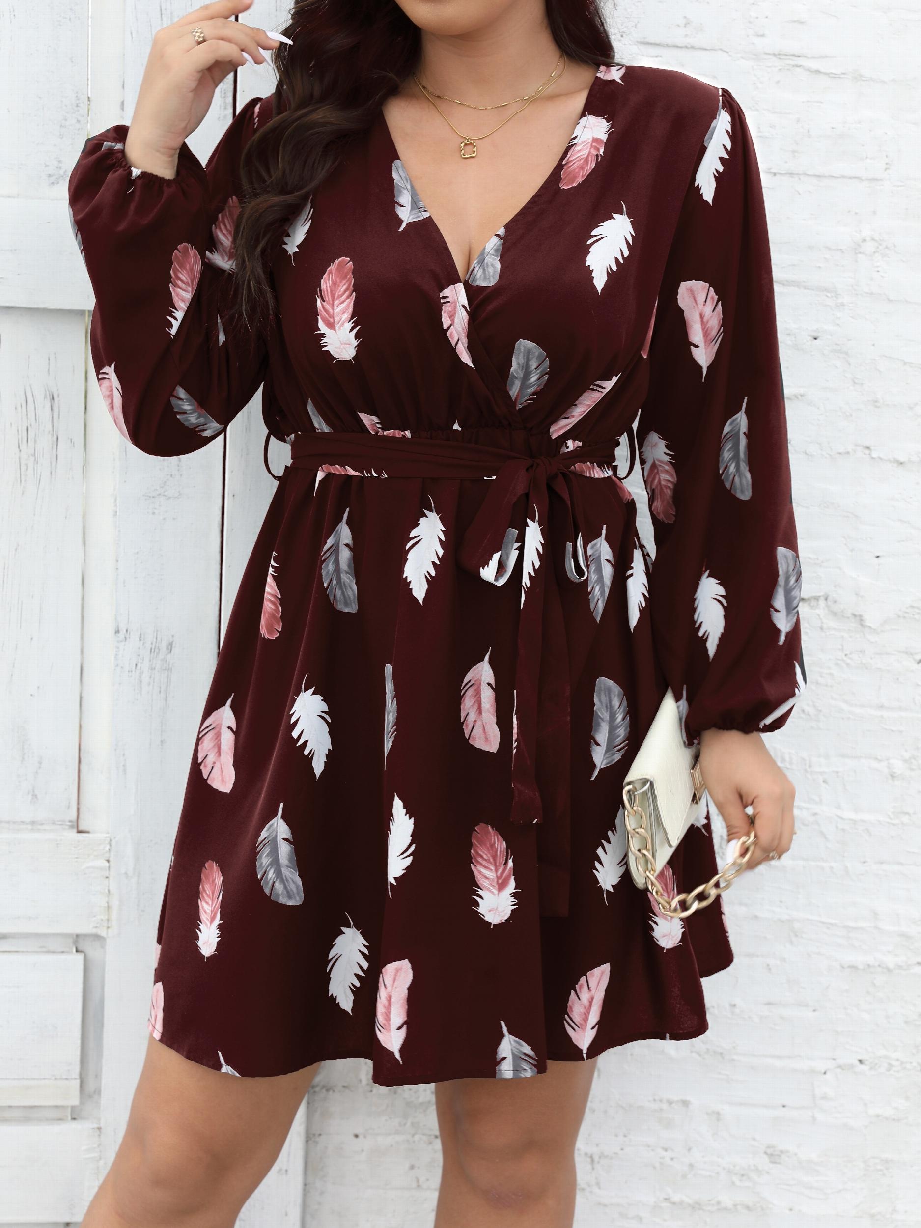 Women's Plus Feather Print Long Sleeve Dress With Belt