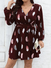 Women's Plus Feather Print Long Sleeve Dress With Belt