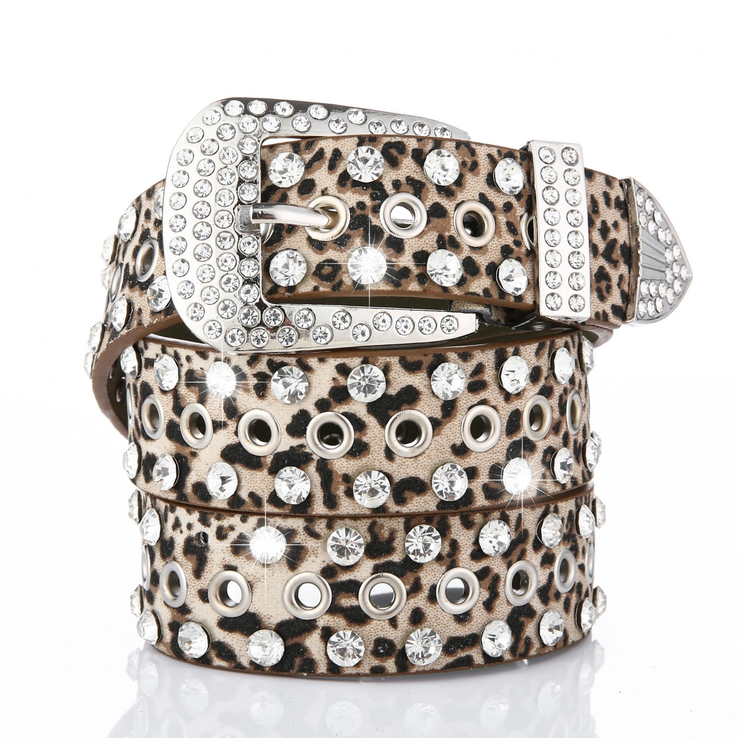 Punk Eyelet PU Belt Leopard Print Rhinestone Inlaid Hip Hop Cowboy Cowgirl Belts