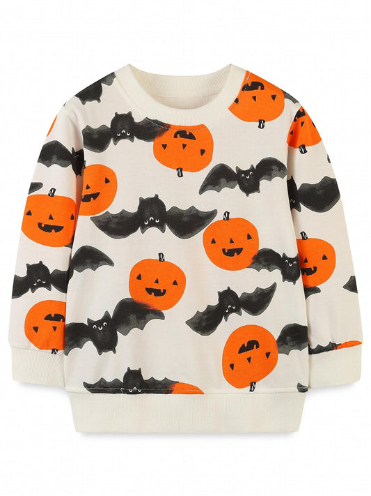 Halloween Pumpkin Bat Print Boys Sweatshirt Long Sleeve Crew Neck