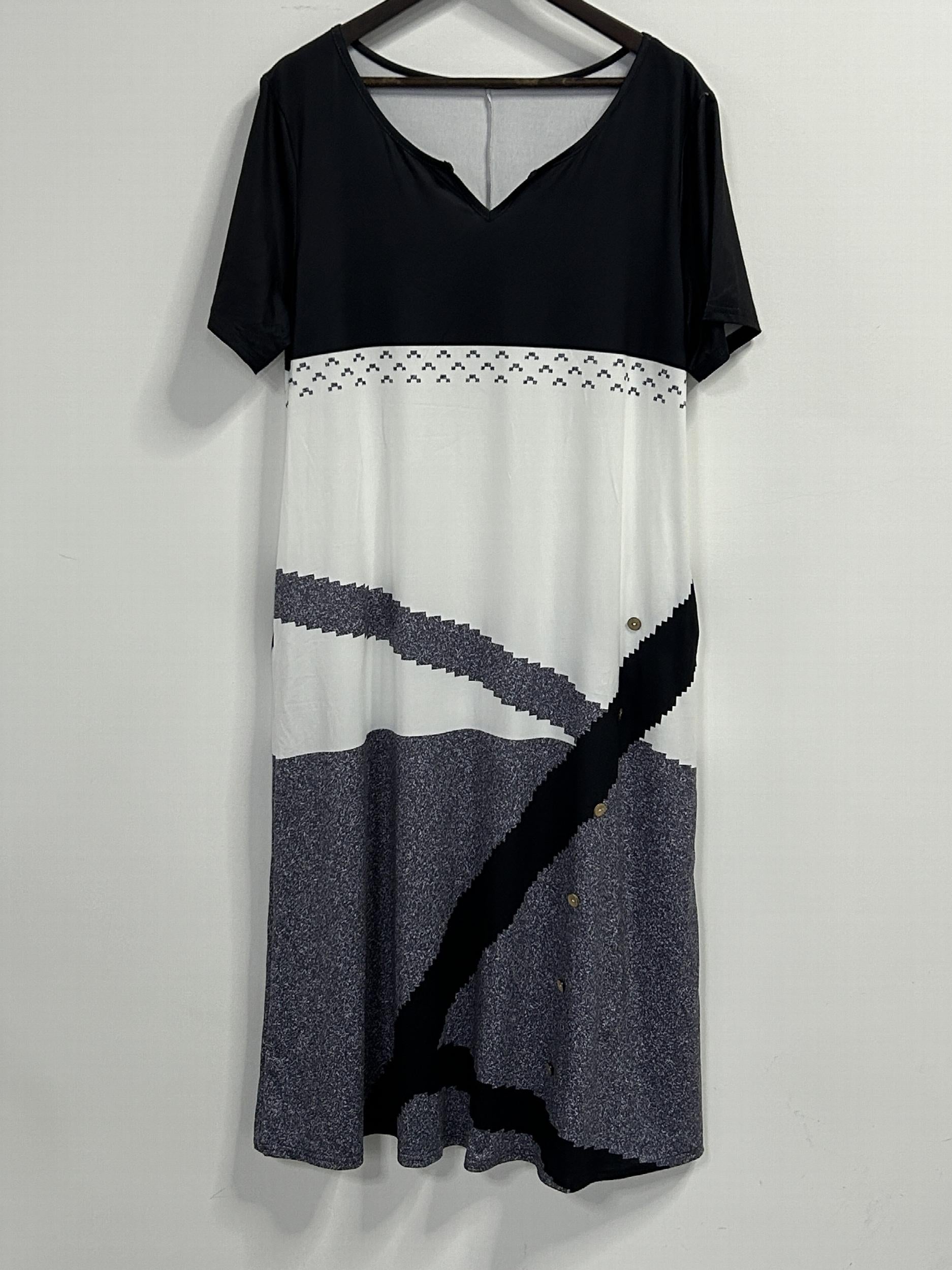  Geometric Print Colorblock Dress with Pockets