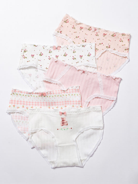 4pcs Girls Triangle Panties Floral Print Lace Elastic Waist Soft Comfort