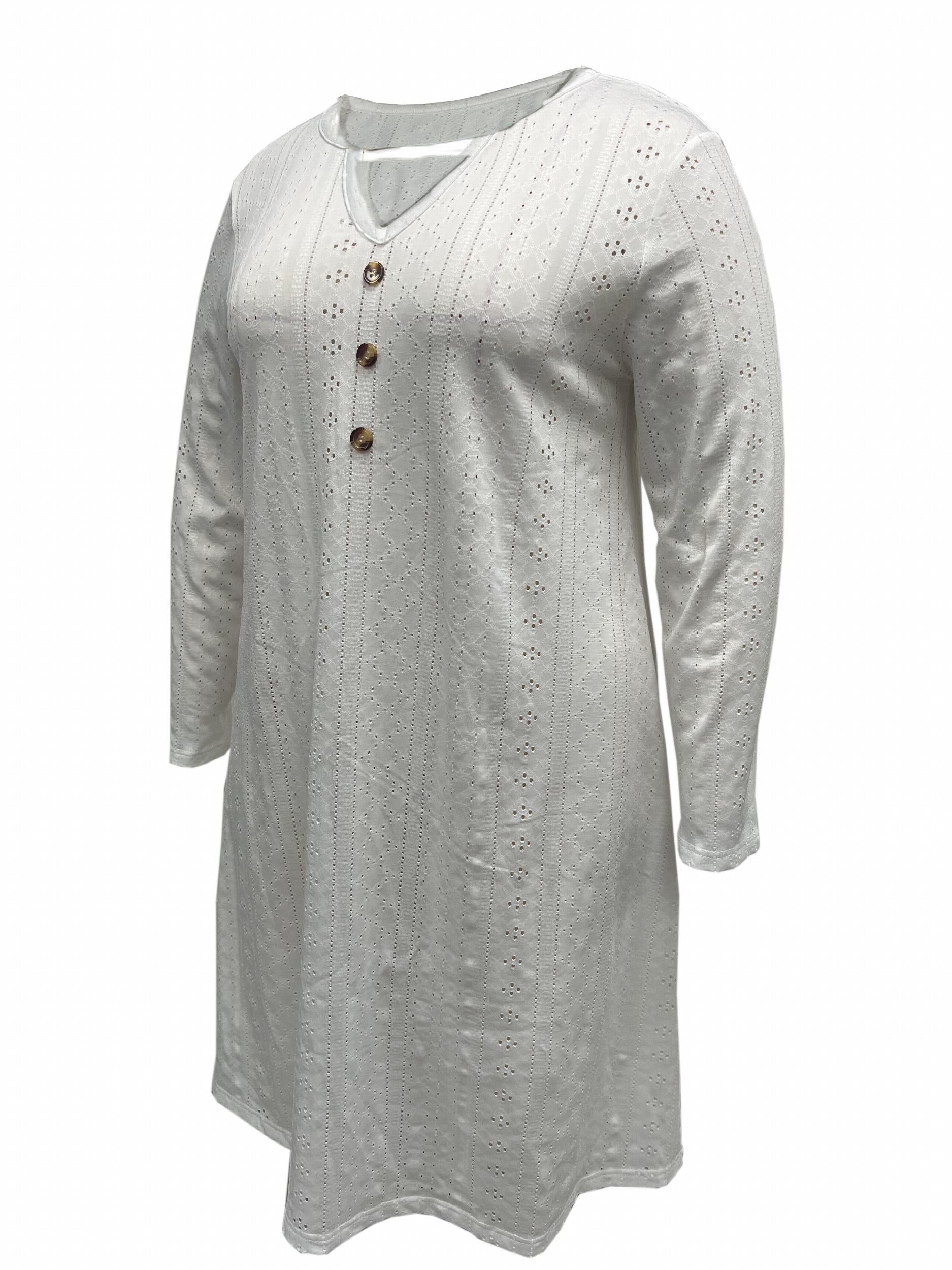  Casual Dress Women's Plus Solid Eyelet Embroidery Button Decor Dress