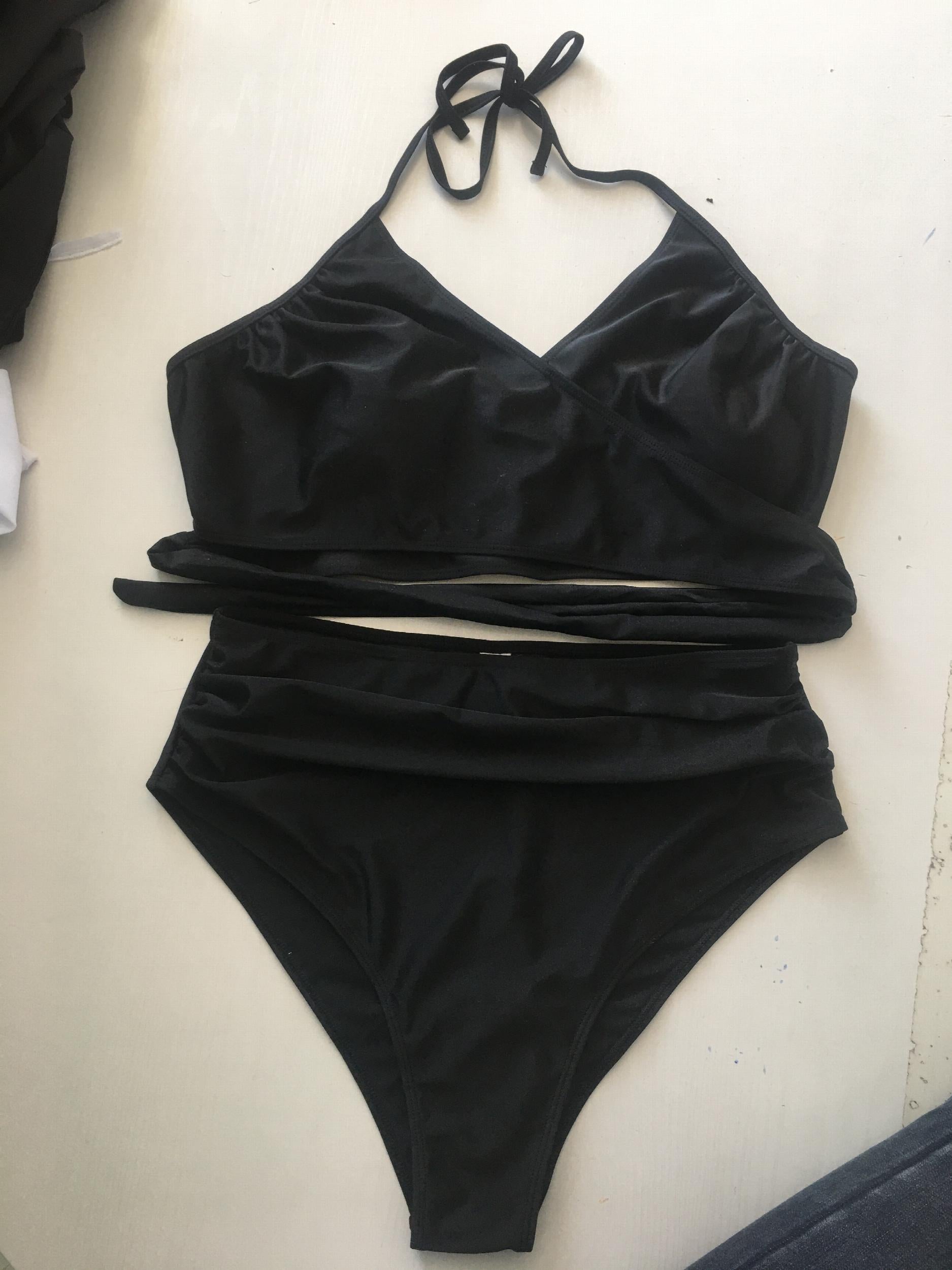  Solid Back Knot Bikini Set Women's Plus High Stretch Swimsuit 2pcs
