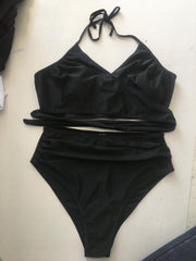  Solid Back Knot Bikini Set Women's Plus High Stretch Swimsuit 2pcs