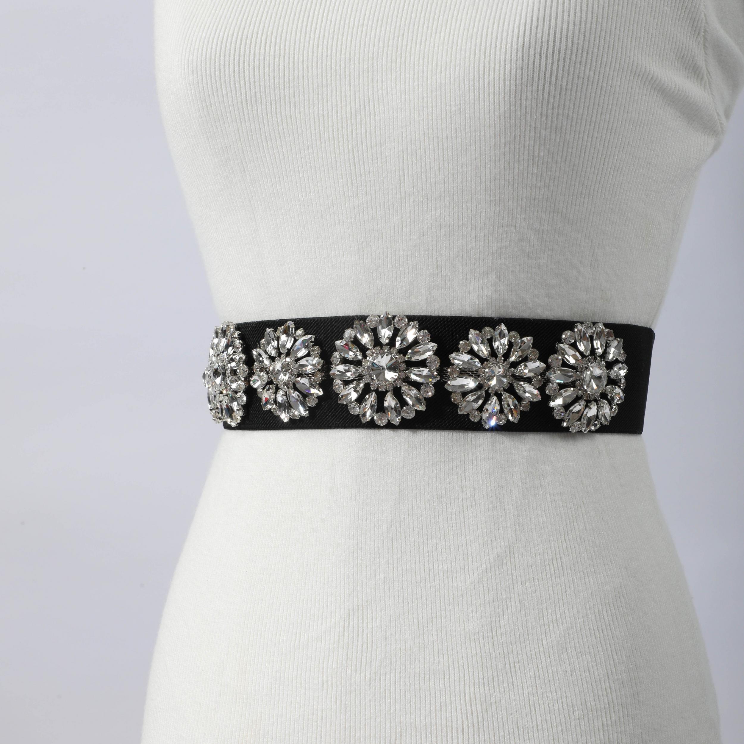 Rhinestone Flower Wide Belt Elastic Waistband for Women