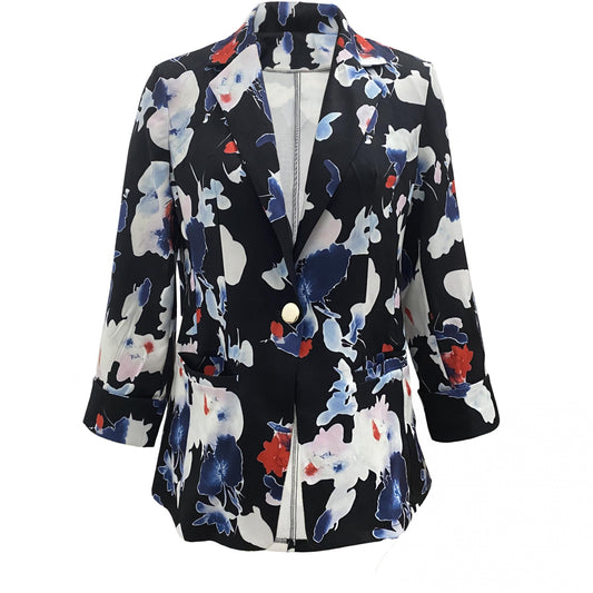 Floral Print Button Front Blazer Lapel Long Sleeve Blazer For Office & Work