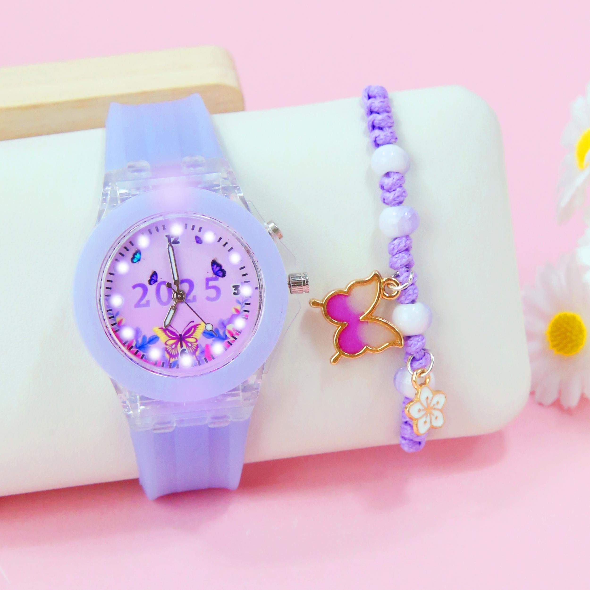 Girls' Pink Quartz Watch & Bracelet Set with Silicone Strap