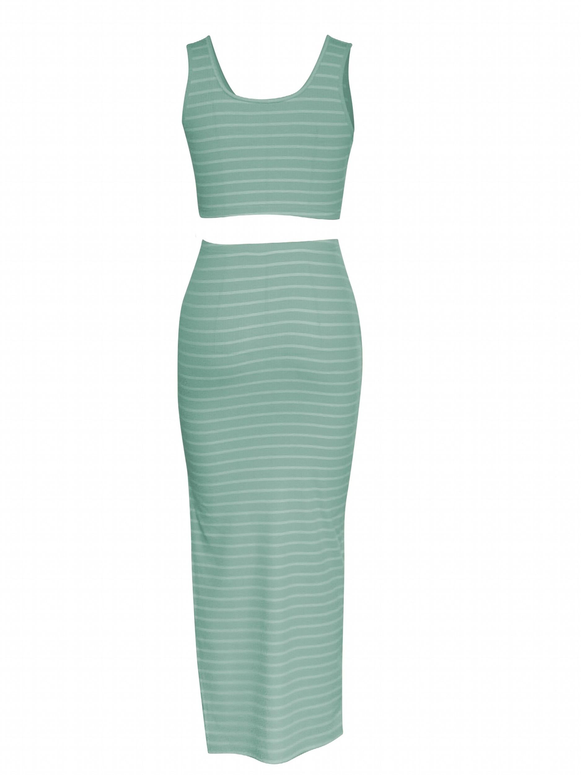 Striped Print 2pc Set Tank Top & Split Skirt Outfit Women's Clothing