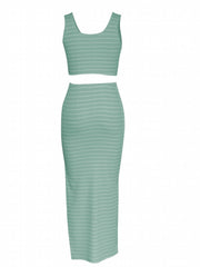 Striped Print 2pc Set Tank Top & Split Skirt Outfit Women's Clothing