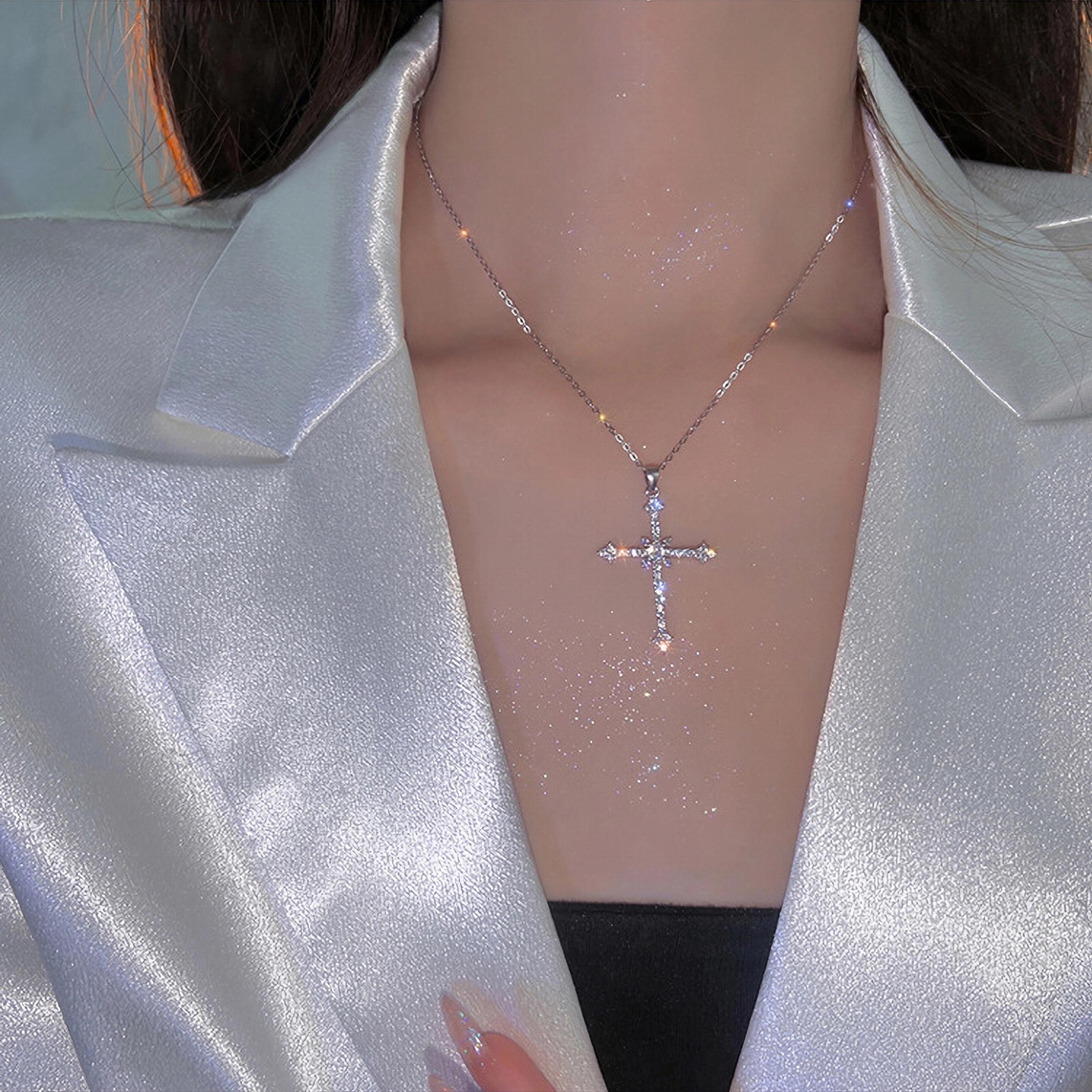 Zircon Star Cross Necklace Silver Plated Jewelry For Women Men