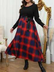  Colorblock Plaid Print Long Sleeve Round Neck Dress