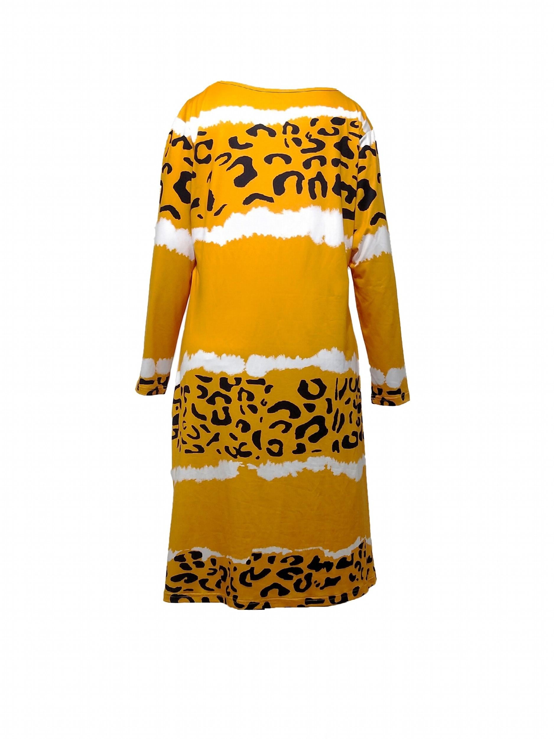  Colorblock Leopard Print Long Sleeve V Neck Dress