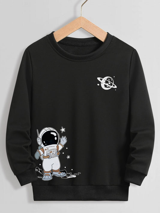 Cartoon Astronaut Print Boys Sweatshirt Long Sleeve Crew Neck