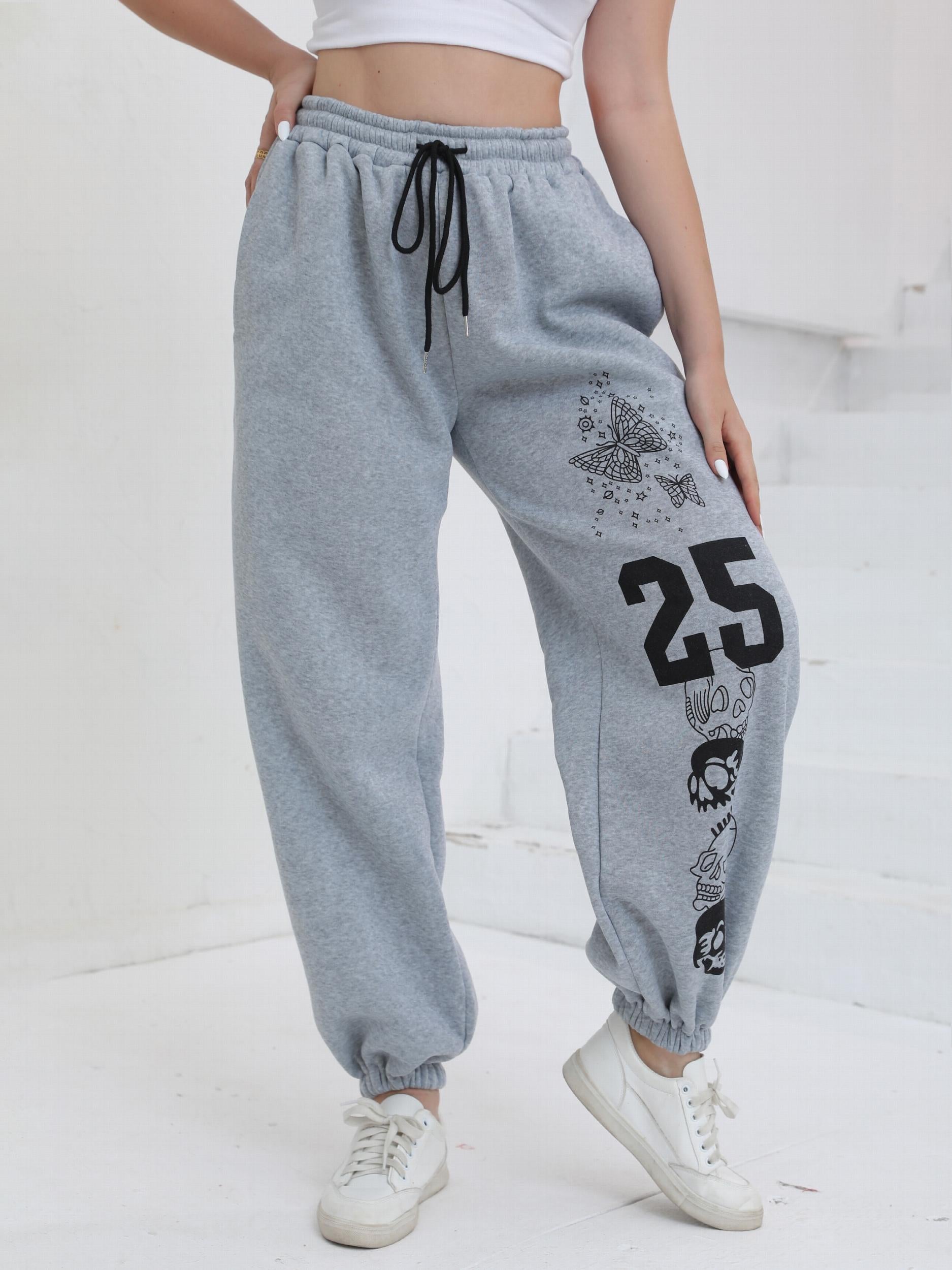  Casual Pants Women's Plus Butterfly & Skull & Number Print Drawstring