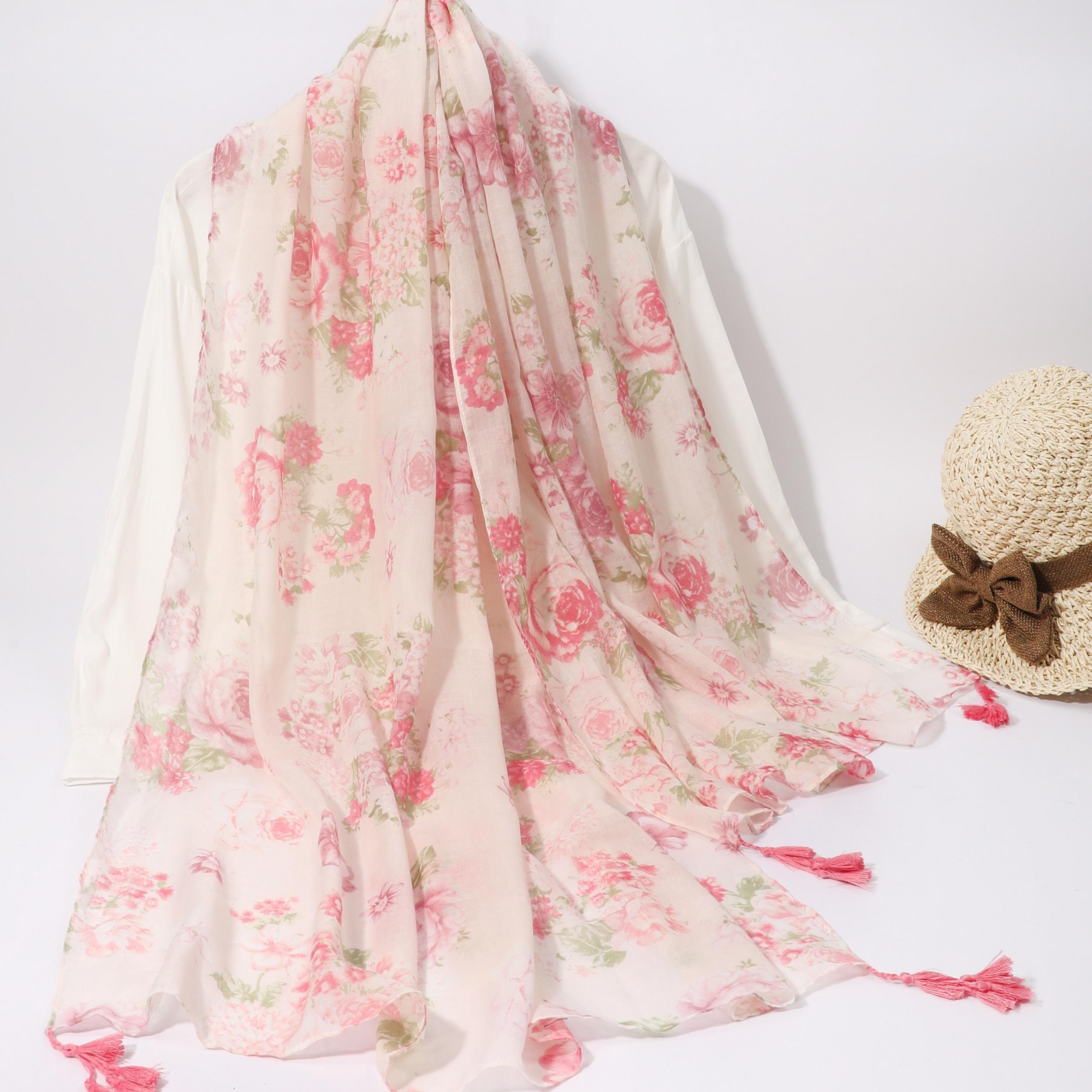 Rose Print Long Scarf Pink Tassel Shawl Windproof Head Wrap