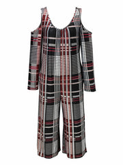  Plaid Print Cold Shoulder Jumpsuit
