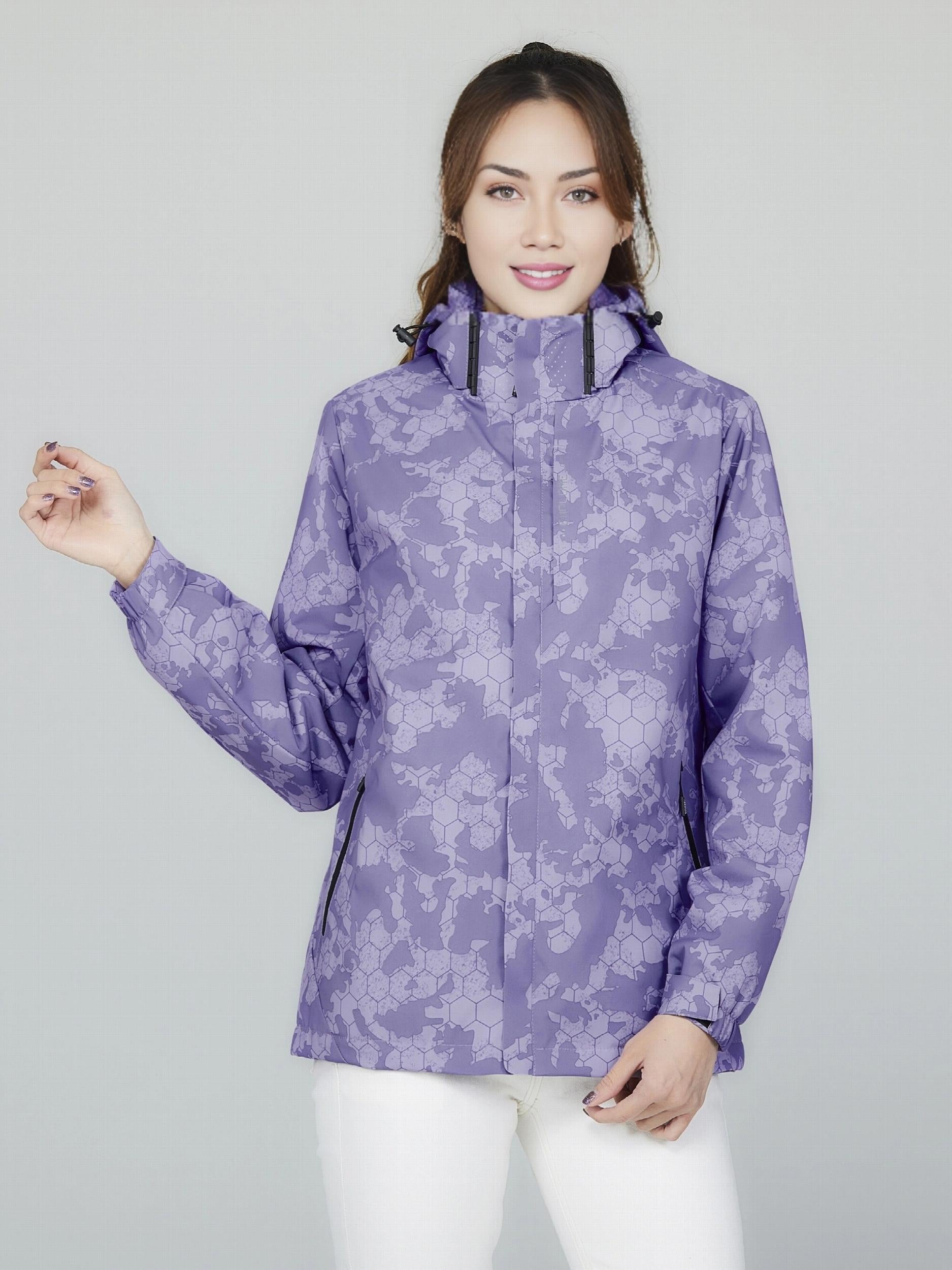 Camo Long Sleeves Outdoor Jacket Waterproof Zip Pockets Hood Women's Coat