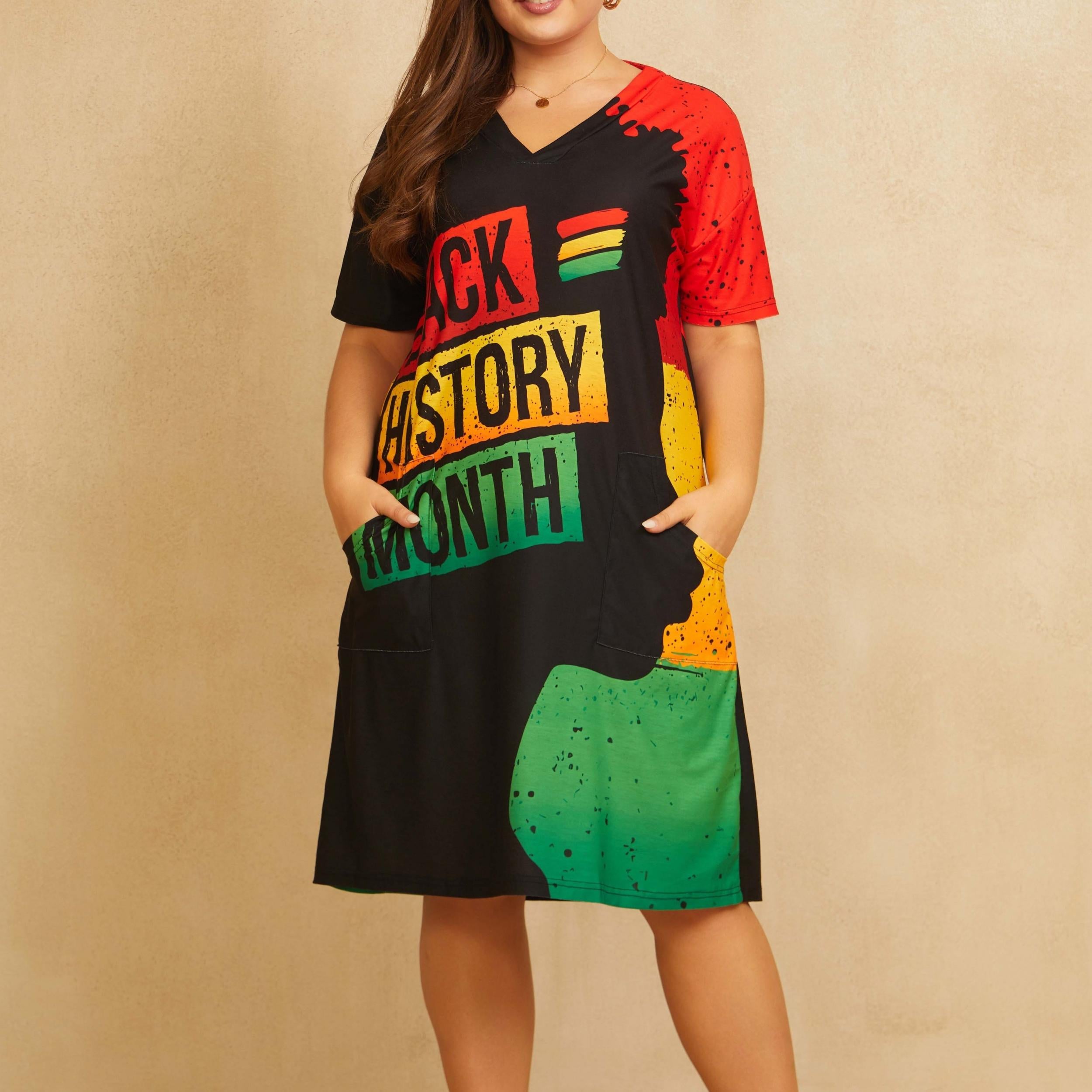  Cartoon Print Colorblock V Neck Tee Dress