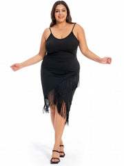  Solid V Neck Fringe Trim Cami Dress