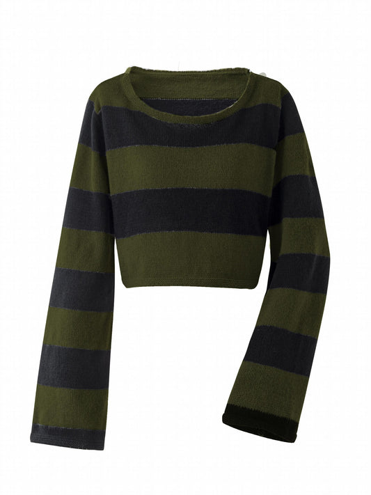 Grunge Block Striped Knit Sweater Crew Neck Long Sleeve Women's