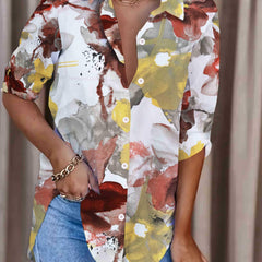  Tie Dye Floral Print Long Sleeve Button Up Collar Shirt Top