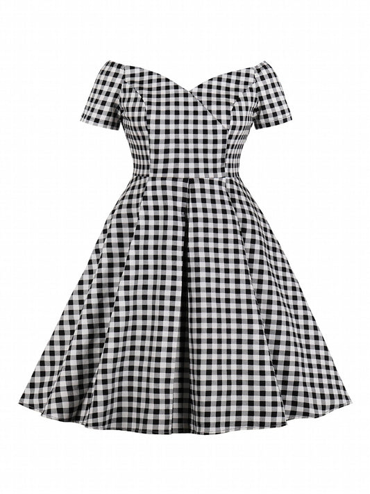  Gingham Print V-Neck A-Line Dress