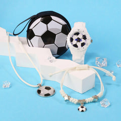 4pcs Football Themed Quartz Watch Set Soccer Necklace Coin Wallet