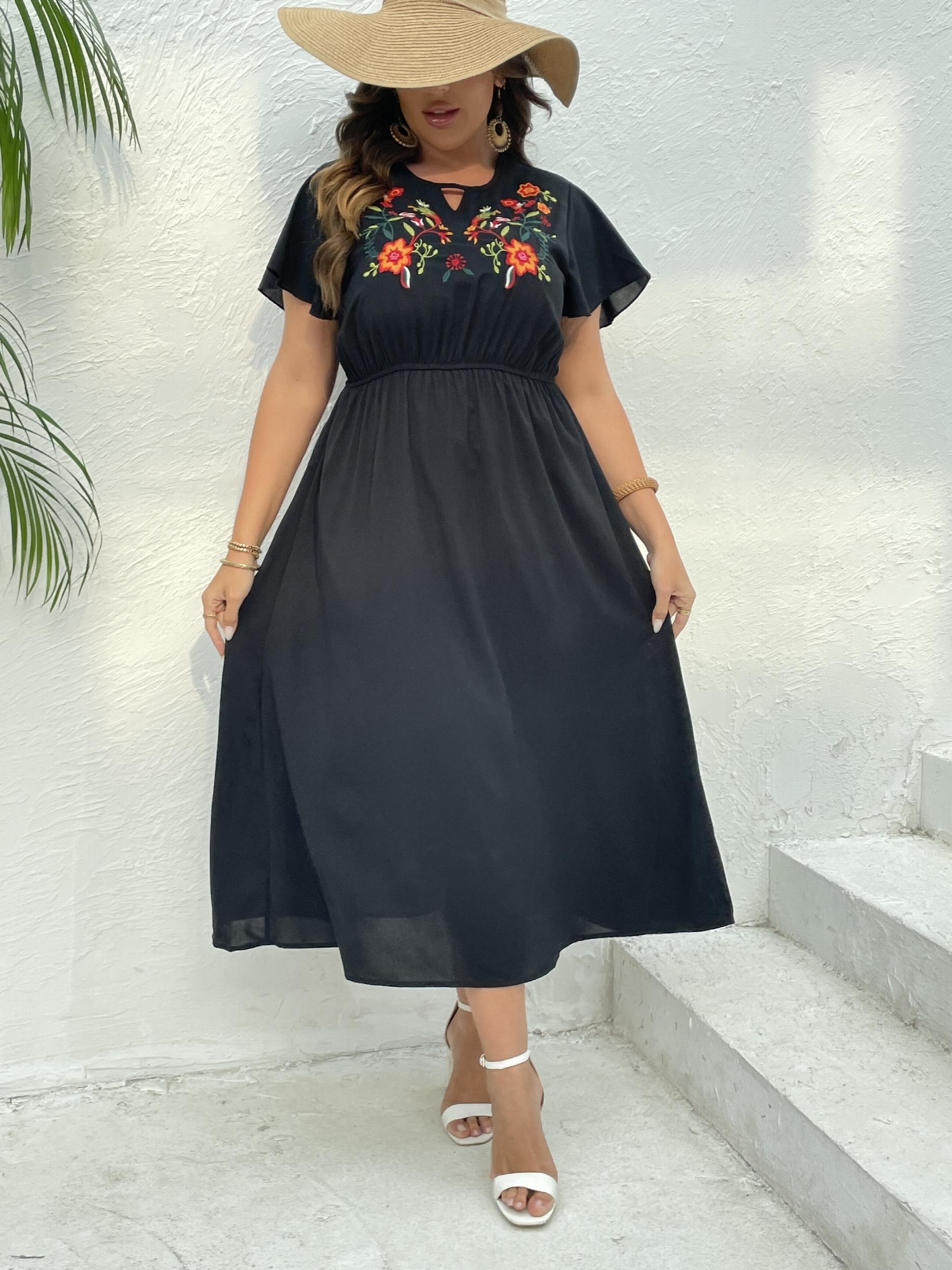  Women's Floral Embroidery Cap Sleeve Dress