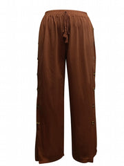  Boho Pants Women's Plus Solid Button Wide Leg Split Drawstring