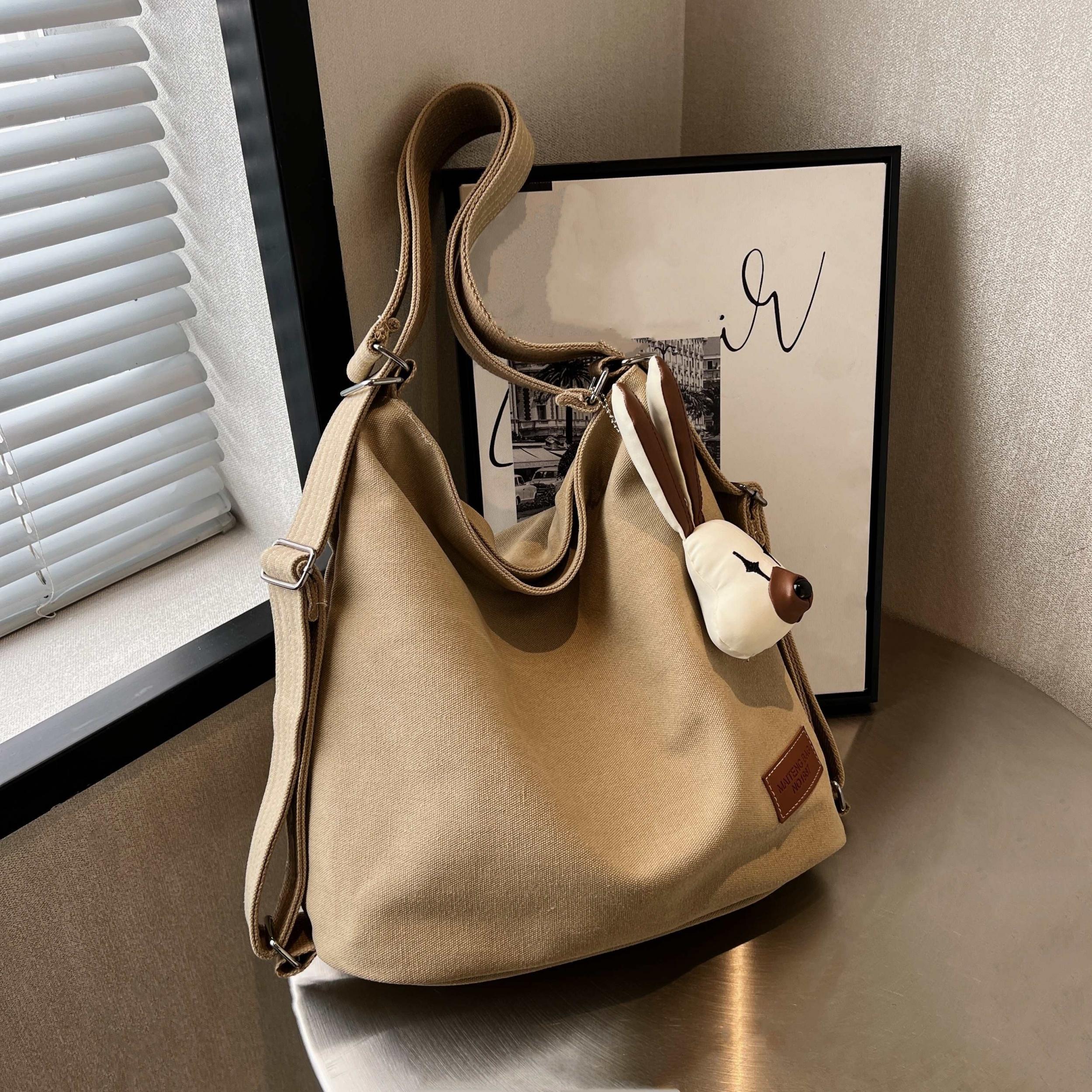 Khaki Canvas Durable Handbag Zipper Large Capacity Shoulder Bag