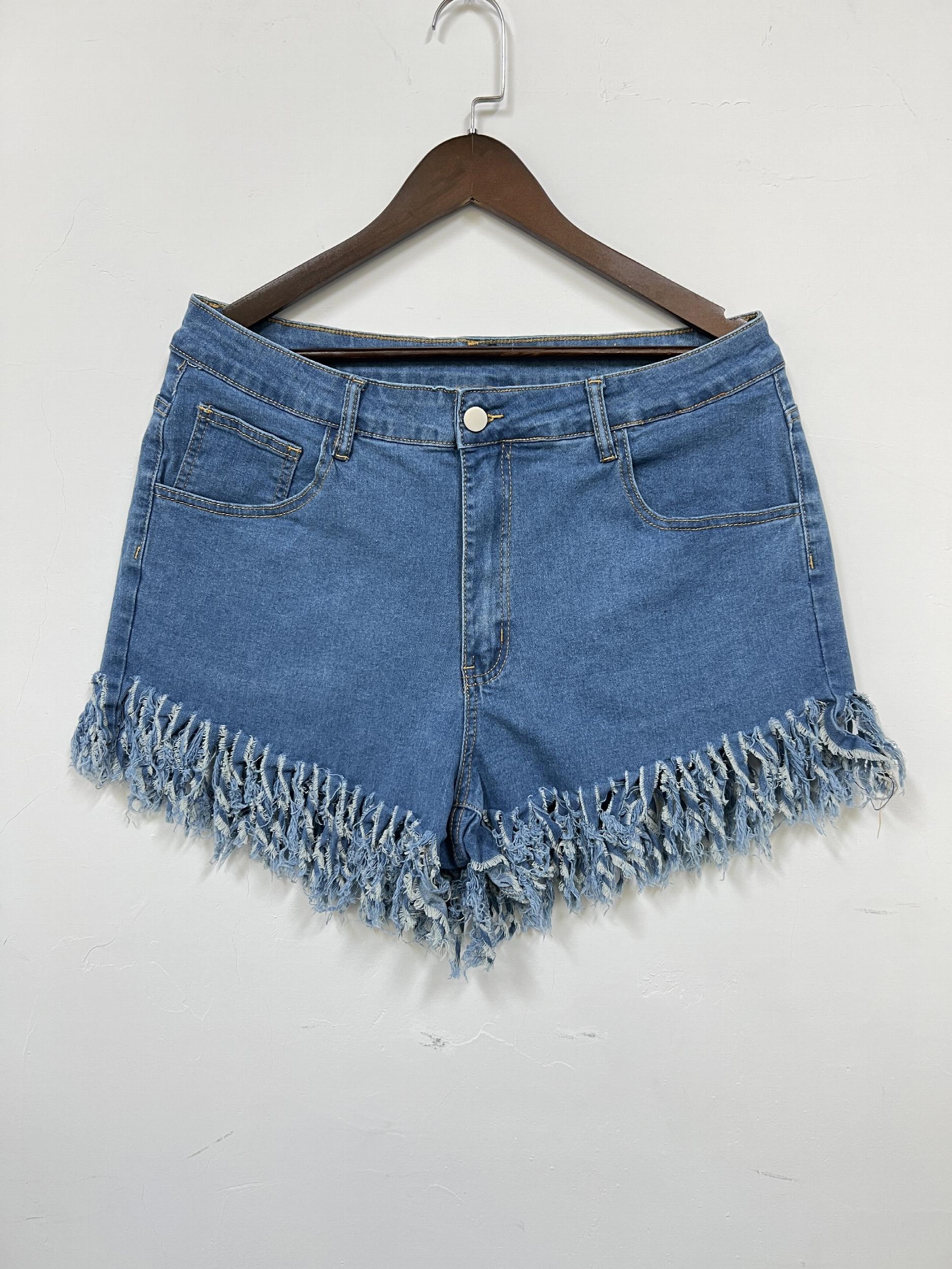  Fringe Trim High Rise Skinny Denim Shorts